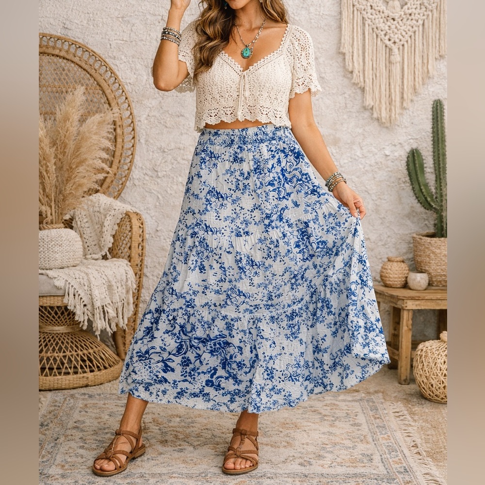 Atelier New York 100% Cotton Tiered Maxi Skirt Blue Floral Size 10 NWT